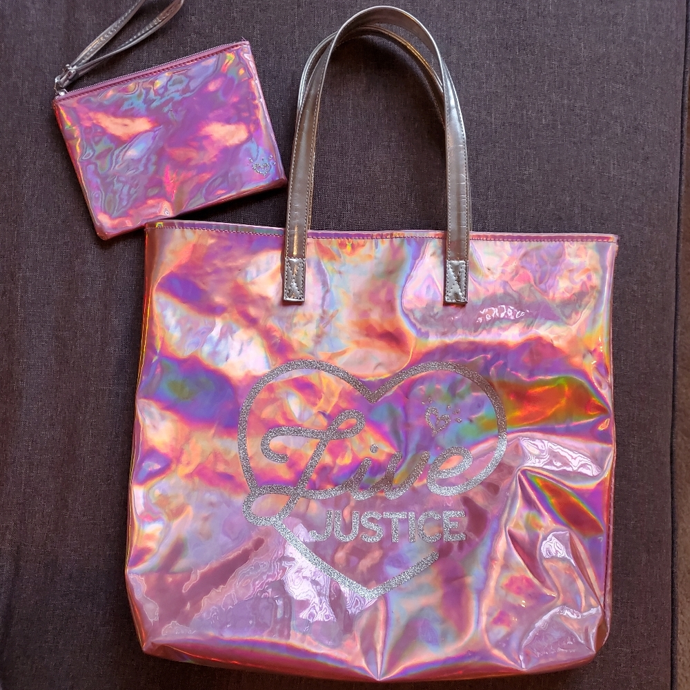 Pink metallic justice tote and clutch